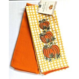 Harvest Pumpkins Kitchen Towels 2pc Cotton Orange White 16 x 28-in Gift NEW